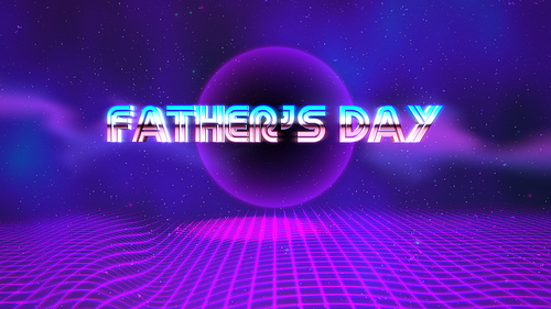 Text Fathers day and neon grid and round, retro holiday background. Dynamic 3d illustration style for club and entertainment template