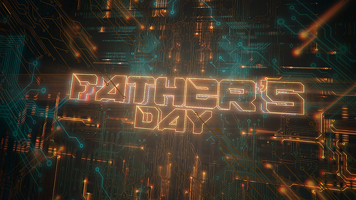 Text Fathers day and cyberpunk background with computer chip and neon lights. Modern and futuristic dynamic 3d illustration for cyberpunk and technology theme