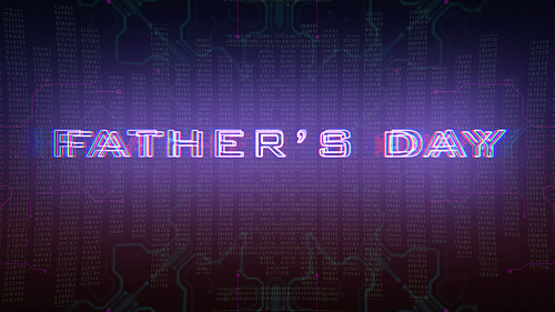 Text Fathers day and cyberpunk background with computer matrix, numbers and grid. Modern and futuristic dynamic 3d illustration for cyberpunk and cinematic theme