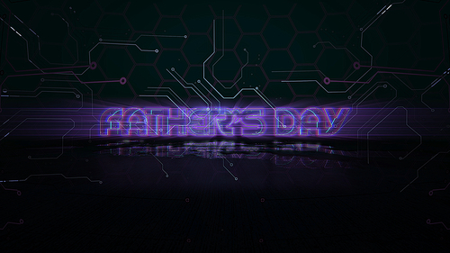 Text Fathers day and cyberpunk background with computer chip and neon lights. Modern and futuristic dynamic 3d illustration for cyberpunk and technology theme