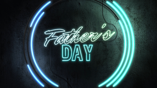 Text Fathers day and neon light on wall, abstract holiday background. Elegant and luxury dynamic neon club 3d illustration style