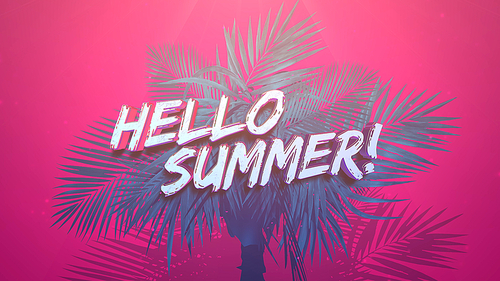 Text Hello Summer and closeup tropical tree on pink summer background. Elegant and luxury 3D illustration retro style for advertising and promo theme
