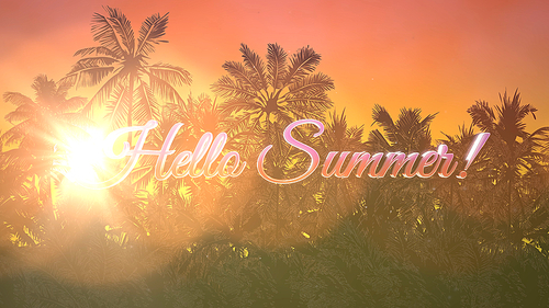 Text Hello Summer and panoramic of tropical landscape with palm and sunset, summer background. Elegant and luxury retro style 3D Illustration for advertising and promo theme