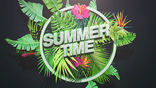 Text Summer Time and closeup tropical tree on summer background. Elegant and luxury 3D illustration style for advertising and promo theme