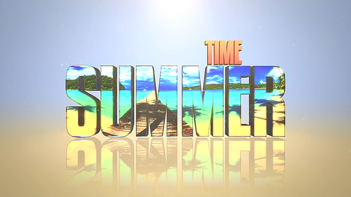 Text Summer Time with mirror effect, summer sea background. Elegant and luxury 3D illustration style for advertising and promo theme