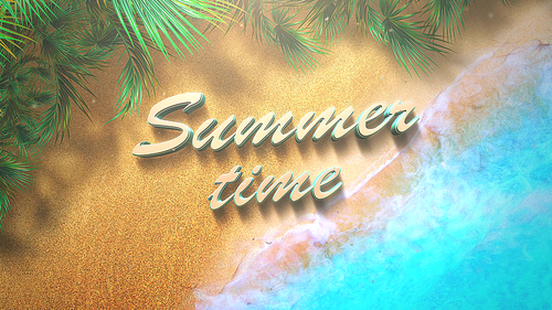 Text Summer Time with sandy beach and blue waves of ocean, summer background. Elegant and luxury dynamic retro style 3D Illustration for advertising and promo theme