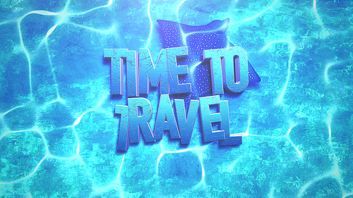 Text Time to Travel and closeup stingray in underwater world, summer background. Elegant and luxury 3D illustration style for advertising and promo theme