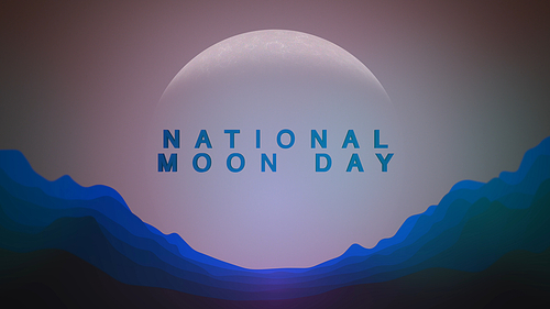 Closeup National Moon Day text with planet and mountains in galaxy, abstract futuristic background. Elegant and luxury 3D Illustrations style for cosmos and sci-fi theme