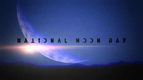 Closeup National Moon Day text with blue planet and lights of star in galaxy, abstract futuristic background. Elegant and luxury 3D Illustrations style for cosmos and sci-fi theme