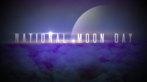 Closeup National Moon Day text with planet and neon lights of star in galaxy, abstract futuristic background. Elegant and luxury 3D Illustrations style for cosmos and sci-fi theme