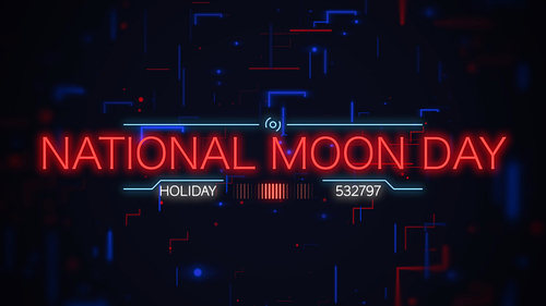 Closeup National Moon Day text on neon futuristic screen with neon lines, abstract background. Elegant and luxury 3d illustration style for cosmos and sci-fi theme