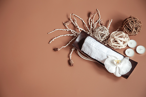 Spa still life with orchid flower and decor elements top view.