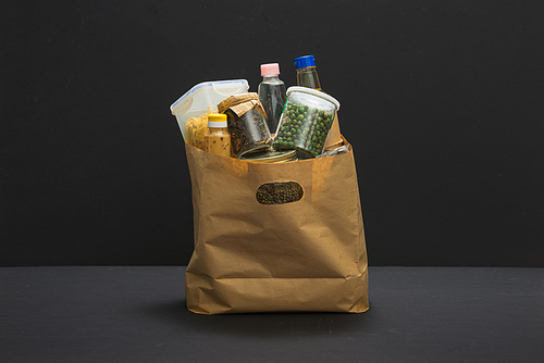 A donation bag, filled with food out for delivery during the Covid-19 / Coronavirus Pandemic