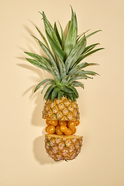 Yellow fruit and vegetables, top view