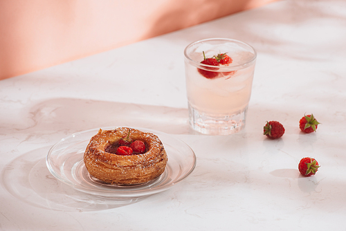 Freshly baked traditional pastry sweet mini danish raspberry and raspberries soda drinks