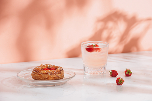 Freshly baked traditional pastry sweet mini danish raspberry and raspberries soda drinks