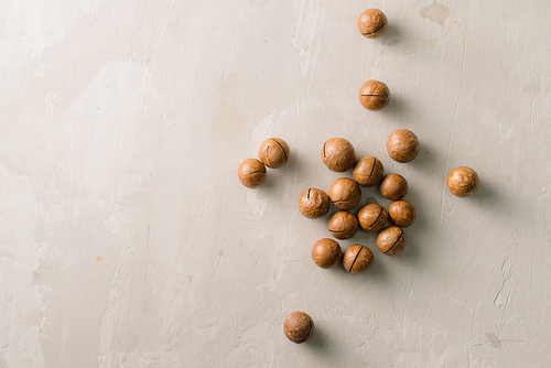 Superfood. Organic macadamia nut on stone background.