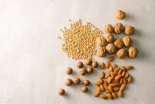 Mix of nuts: Macadamia, almond, soy, walnut. Top view.