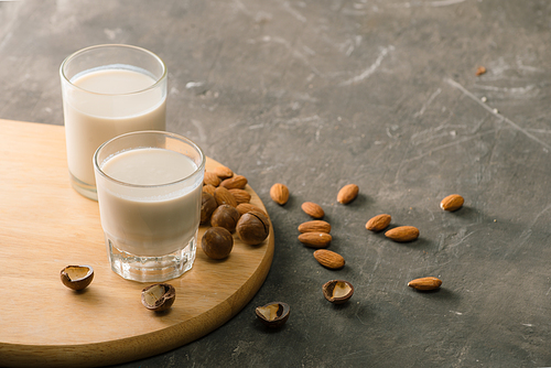 Glasses of milk: Macadamia and Almond. Top view.