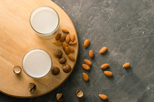 Glasses of milk: Macadamia and Almond. Top view.