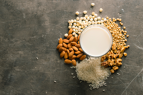 Glasses of milk with nuts: Macadamia, almond, soy, rice, lotus. Top view.