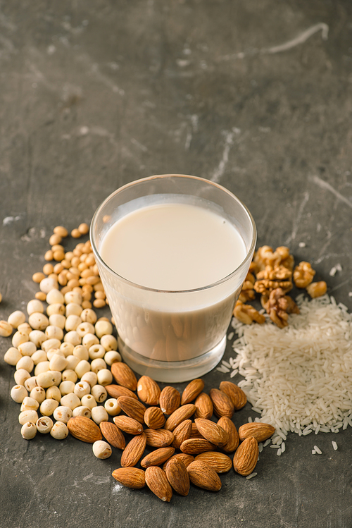 Glasses of milk with nuts: Macadamia, almond, soy, rice, lotus. Top view.