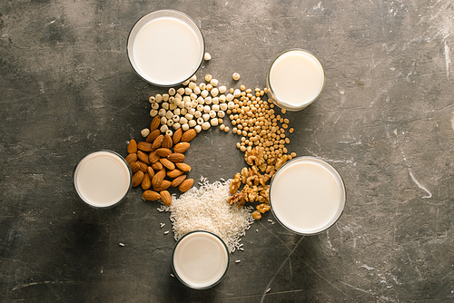 Glasses of milk with nuts: Macadamia, almond, soy, rice, lotus. Top view.