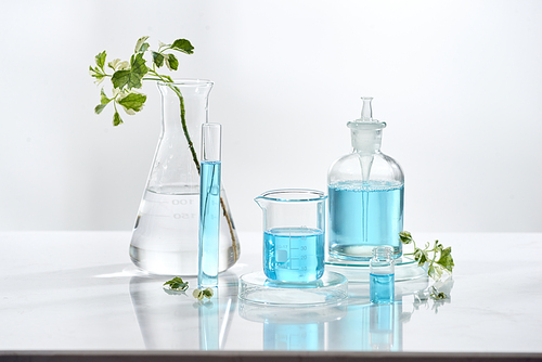 laboratory glass equipment with natural ingredients on white background