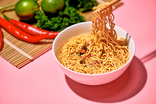 Traditional Asian instant noodles meal with vegetables