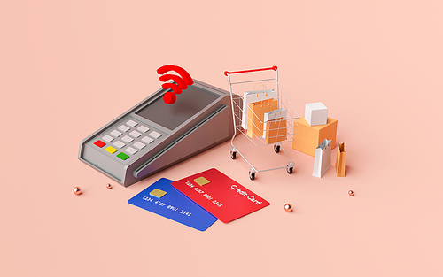 Contactless payment via NFC technology wireless pay by credit card, 3d rendering