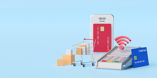 Contactless payment via NFC technology wireless pay by credit card on smartphone, 3d rendering