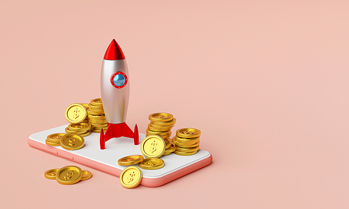Business start-up concept, Rocket launching from smartphone with dollar coin, 3d rendering