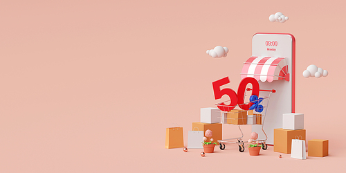 Shopping online on mobile with special offer discount up to 50%, 3d illustration
