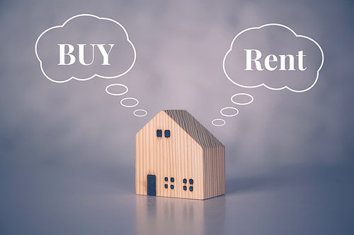 Rent or buy home with real estate for benefits, decision about planning and strategy of house and tax, property with success and saving financial, comparison and advantage, business concept.