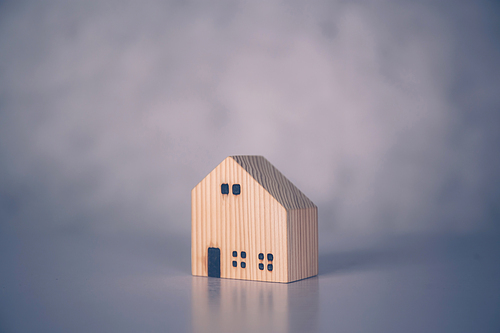 Mini wooden home model concept, investment of real estate and asset, tax of property and rental for finance, no people, small house and inspiration, mortgage and loan for residence, business concept.