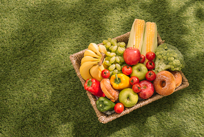 Picnic on the grass. Red checked tablecloth, basket, healthy food and fruit, orange juice. Top view. Summer Time Rest. Flat lay.