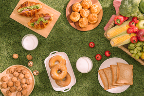 Healthy picnic for a summer vacation with freshly baked croissants, fresh fruit and fruit salad, sandwiches and a glass of refreshing orange juice laid out on a red and white checked cloth and hamper