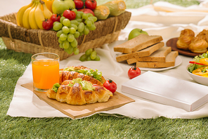 Sumptuous picnic spread out on a red and white checked cloth with wicker basket