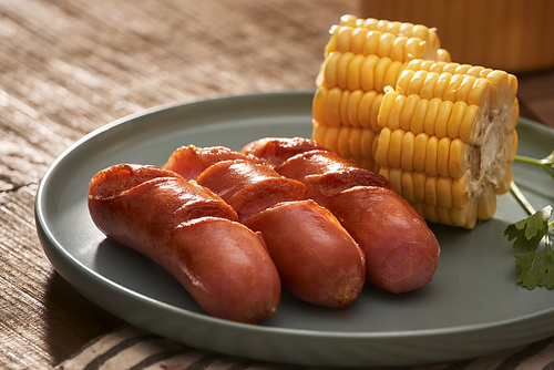 Home grilled sausages on a dark plate, a meat dish on a dark wooden background, hot sausages with spices and salt in a home kitchen, copy space, rustic style, art