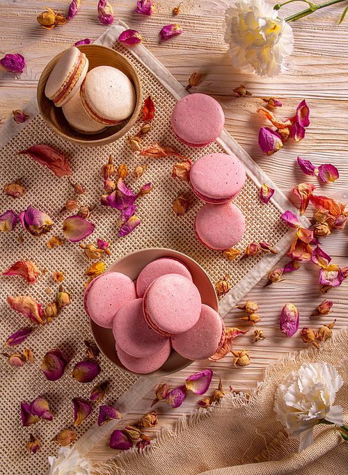 Flat lay of classic French macarons. French sandwich cookies