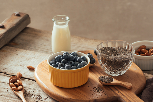 Chia pudding with fresh berries and almond milk. Superfood concept. Vegan, vegetarian and healthy eating diet with organic products