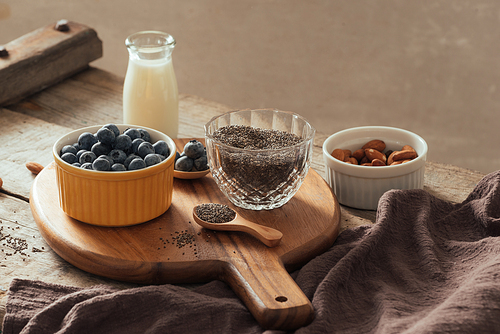 Chia pudding with fresh berries and almond milk. Superfood concept. Vegan, vegetarian and healthy eating diet with organic products