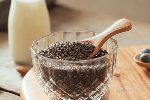 Chia seeds on white background. Chia seeds also known as superfood and used in a wide spectrum of diets.