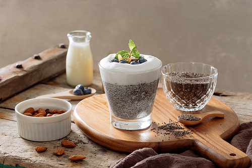 Chia pudding with berries and milk, sweet nourishing dessert, healthy breakfast superfood concept