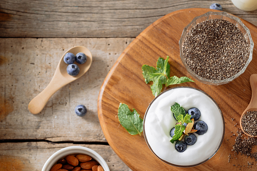 Chia pudding with fresh berries and almond milk. Superfood concept. Vegan, vegetarian and healthy eating diet with organic products