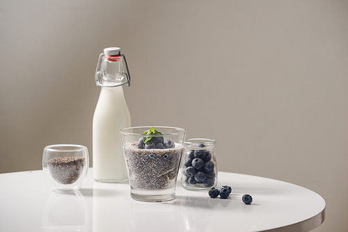 Chia pudding with fresh berries and almond milk. Superfood concept. Vegan, vegetarian and healthy eating diet with organic products