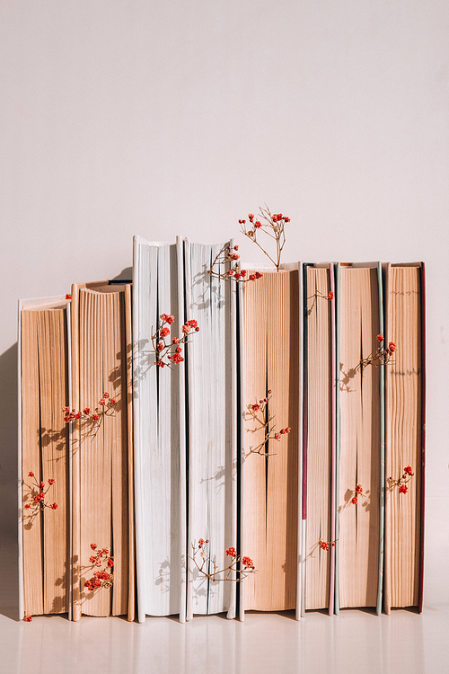 Stack of old books with babys breath flowers. Cozy reading. Delicate pink gypsophila flowers. Slow living concept. Unity with nature. Education literature. Selective focus.