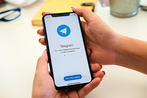 CHIANG MAI, THAILAND JAN 19 2020 : Telegram application icon on Apple iPhone Xs screen close-up. Telegram app icon. Telegram is an online social media network. Social media app