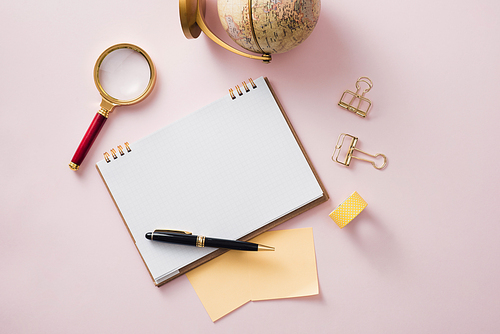 Modern mock up flat lay of notebook and stationery on pink background - Concept of creative work space