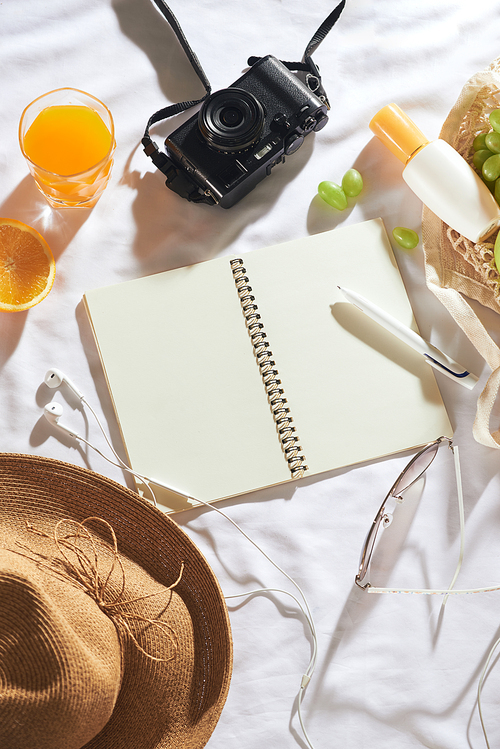 Picnic concept. Hat, sun cream, fruit bag, juice, notebook, camera and sun cream on white background.